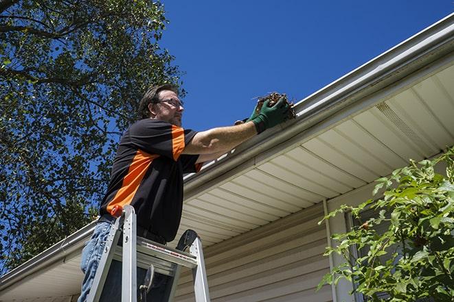 gutter repair specialist using ladder to access rooftop in Bolton, CT